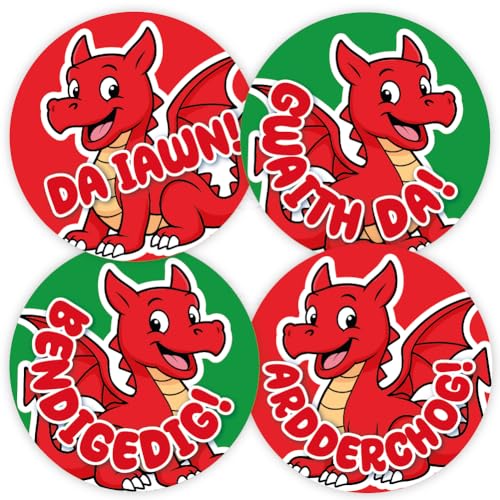 Image of 144 Welsh Dragon Praise Words Reward Stickers 30mm Reward Stickers for School Teachers, Parents and Nursery