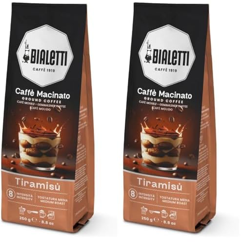 Bialetti Universal Kaffee gemahlen 250 g – Aromatisierte Mischung Tiramisu, geeignet für Moka, French Press und Espressomaschinen (Packung mit 2)