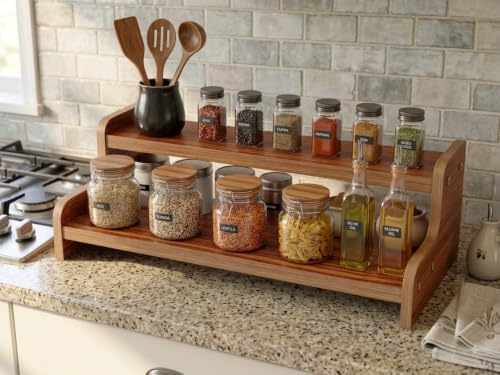 Image of 2-Tier Spice Rack, Wood Step Shelf Countertop Spice Storage Holder, Kitchen Pantry Cabinet Organizer Cupboard for Spice Bottles, Jars, Seasonings, Baking Supplies (2 shelf)