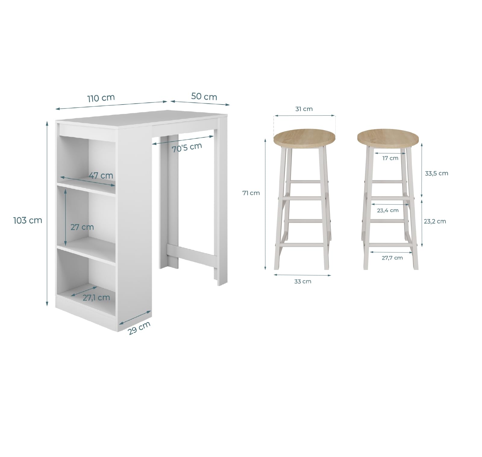 MB Muebles Bonitos | Ensemble Table Haute et 2 Tabourets Kyra | Mange-Debout de Cuisine avec 3 Étagères de Rangement | Set de Bar Moderne Gain de Place | Blanc | 110x103x50 cm