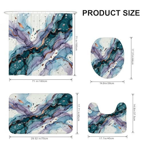 Rideau de douche anti-éclaboussures et tapis de bain bleu - 3