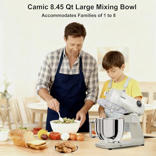 Image of 8.45 QT All Metal Stand Mixer, White | 10 Speed, Digital Timer & Tilt-Head, Whisk Dough Hook Mixing Beater, Large Capacity, For Baking, Cakes, Cookie, Bread, Salad
