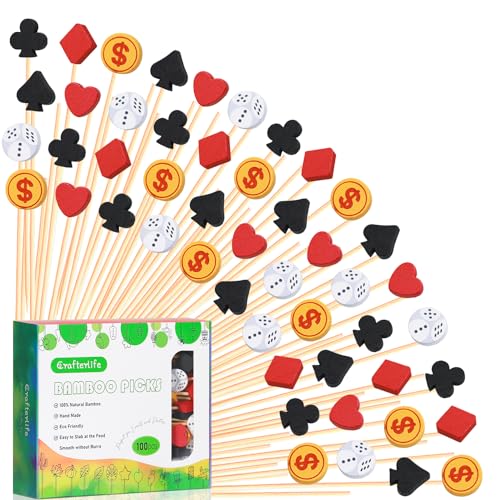 100Pcs Casino Cocktail Picks Poker Dice Theme Decor Toothpicks Fruit Sticks Food Cupcake Sandwich Appetizer Charcuterie Skewers for Las Vegas Game Night Adult Birthday Casino Themed Party Decorations