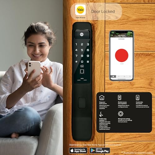 Image of Yale YMI 70 Pull Smart Digital Door Lock for Wooden Main Door Width 40mm to 100mm | Single Push Action | Biometric | PIN Code | RFID Card | Mechanical Key | 3 Year Warranty (Black)