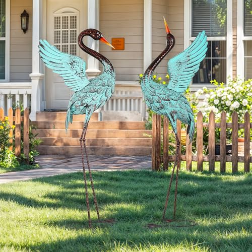 Autodaya Extra-Large 47.5" Blue Heron Decor, Handcrafted Metal Crane Statue with Stable U-Ground Stakes, Backyard Decoration, Metal Garden Bird Animal Yard Art, Lawn Ornament Decor
