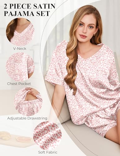 Image of Silk Pajamas for Women Short Sleeve Satin 2 Piece Pj Set Soft V Neck Sleepwear Loungewear, S-XXL