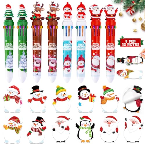 8 PCS Bolígrafos Navidad Multicolor 10 in 1,12 PCS Bloc de Notas Adhesivas de Navidad,Bolígrafos Muñeco Nieve Papá Noel bolígrafos Navideños,Papelería Navidad Regalo Fiesta