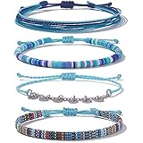 FANCY SHINY Tobilleras de cuerda impermeables con cuentas de arcilla bohemia, pulseras de tobillo de tela de acero inoxidable, juego de tobilleras de playa y verano para mujer, Acero inoxidable Plata