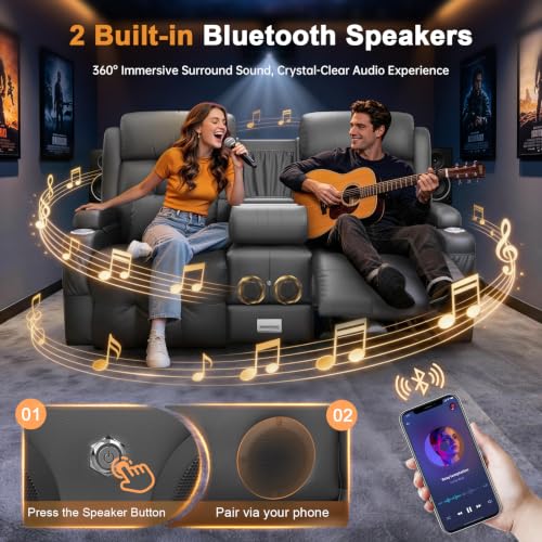 Image of Home Theater Seating, Power Loveseat Recliner Sofa with Massage & Heat, Wall Hugger Reclining Loveseat with USB, RV Couch with LED Lights, Flip Backrest, Cup Holders for Movie Theater & Gaming Room