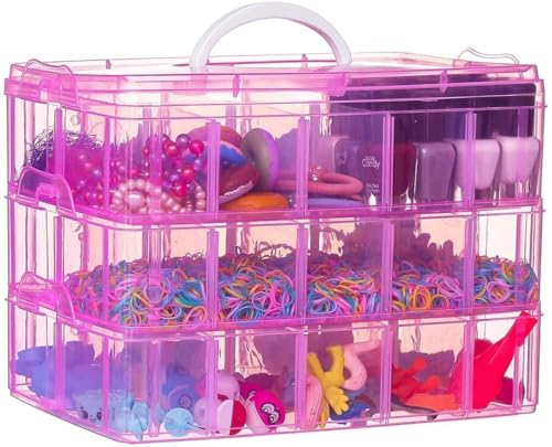 Image of PAXCOO Pink 3-Tier Stackable Storage Containers with lids - 30 Adjustable Compartments for Craft Organizers - Storage box for Jewelry, beads, kids toys, makeup box and sewing supplies