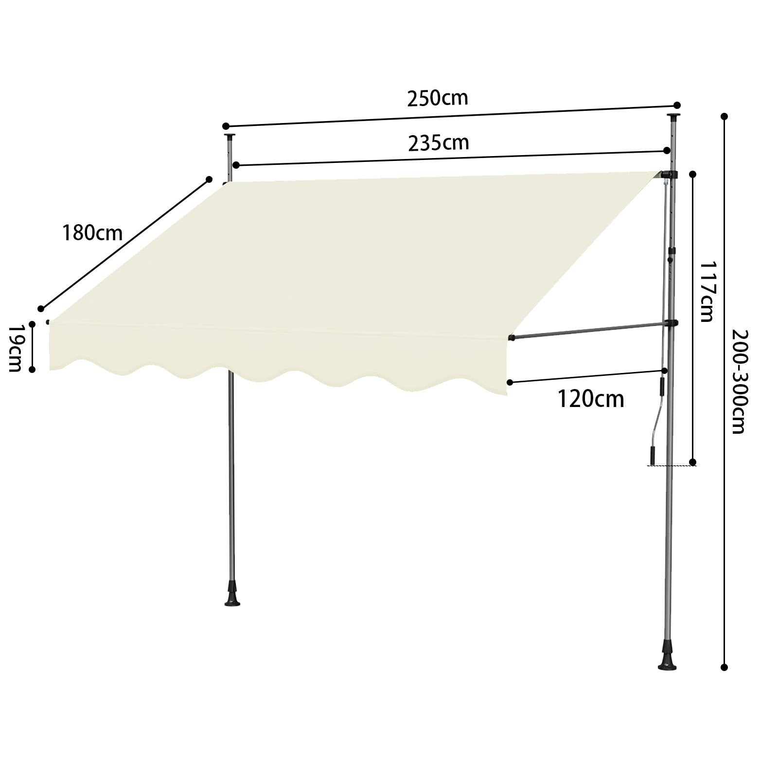 Chowany ręczny ning bez wiercenia, wodoodporna tkanina poliestrowa UV 180 g/m², regulowana wysokość i kąt, stal, 3 rozmiary i kolory (Bei, 250 x 120 cm)