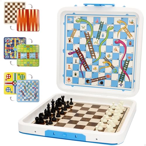 ColorBaby CB Games Set 7 jogos de mesa, Parcheesi, xadrez, cobras e escadas, gamão, para 2 ou mais jogadores, brinquedos crianças 5 anos (39451)