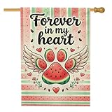 Bandera de casa de sandía, alas juguetonas y corazones, verano, melocotón, arpillera de doble cara, banderas decorativas para porche delantero, patio, césped, entrada, balcón, 28 x 40 pulgadas