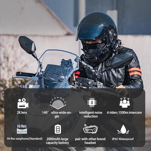 Image of FreedConn Motorcycle Bluetooth Headset with Camera 2K Hi-Res 360Shooting 6 Riders 1500M Bluetooth Intercom Motorcycle Camera IP65 128G TF
