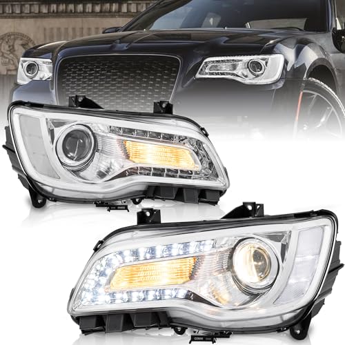 KUIPERAUTO LED DRL Headlights Compatible for 2011-2023 Chrysler 300/300C Projector Headlamp w/Led DRL Chrome Housing Chrome Reflector