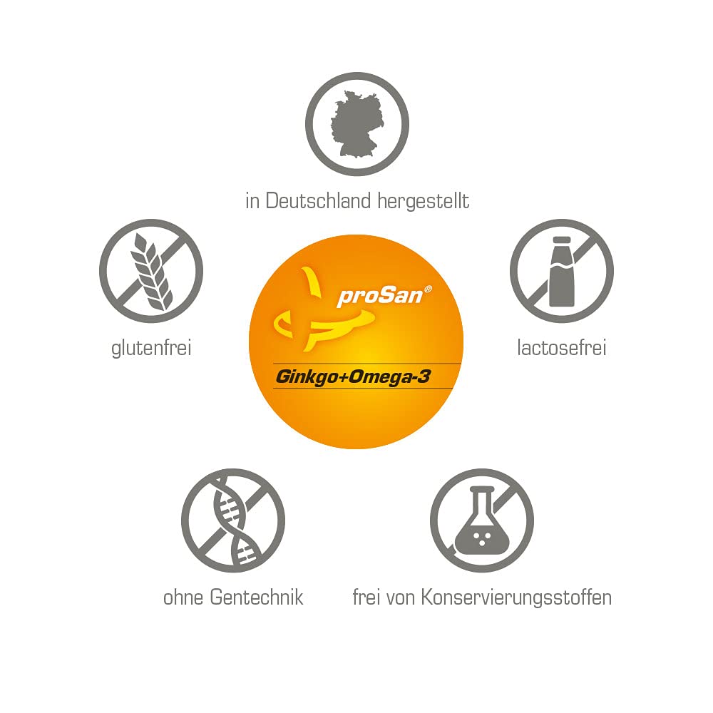 proSan Ginkgo+Omega-3 (3-Monatspackung: 90 Kapseln) | Gedächtniskapseln bei Vergesslichkeit, Ginkgo-biloba + Omega-3-Fettsäuren DHA & EPA, 7 weitere gehirnaktive Mikronährstoffe