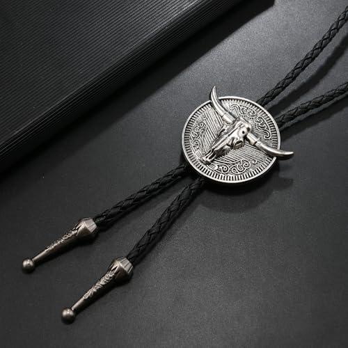 Image of Joxevyia Bolo Tie for Men Vintage Cow Skull Leather Rope Western Cowboy Necktie Vintage Bola Tie Gift for Him