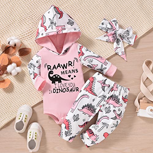 Newborn Infant Baby Girl Dinosaur Outfit Long Sleeve Hoodie Romper Bodysuit and Pants with Headband Set2