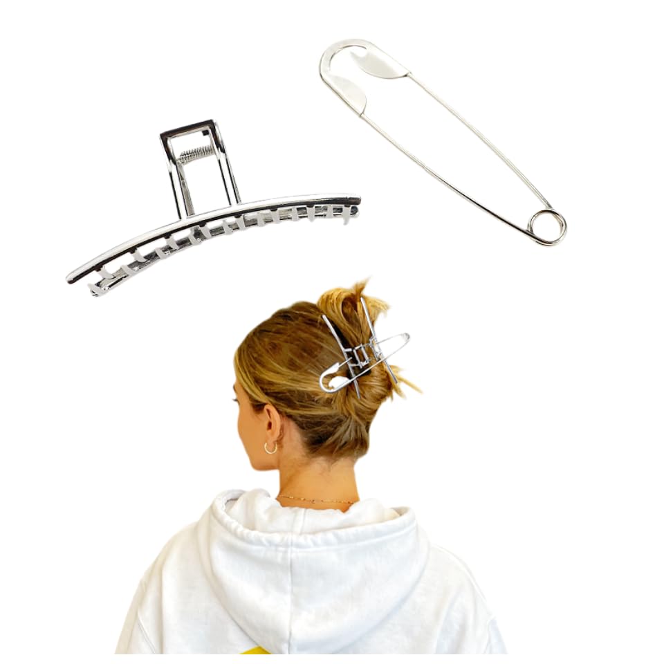 Goth Silver Metal Hair Styling Accessory Set, Extra Large Claw Clip and Oversized Safety Pin, Non-Slip Jaw Clip for Thick Hair, Stylish Headpieces for Daily&Party Outfit Bath Makeup Organize image 2