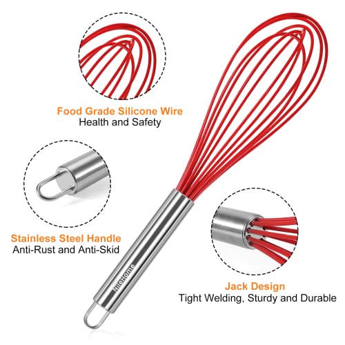 Nilehome Whisk Commercial Stainless Steel Wisk & Silicone Non-Stick Coated Small Whisk Set 8" 10" 12" Kitchen Wisk Wire Whisks For Cooking 3 Pack, Red #TOP2