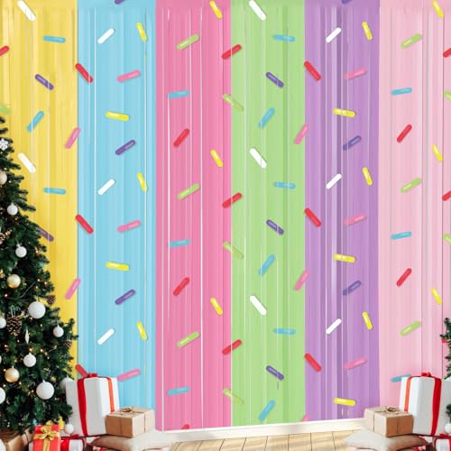 Image of Blosssound 4 Packs Donut Party Decorations 3.3 x 6.6 ft Donut Sprinkle Foil Fringe Curtain Colorful Ice Cream Tinsel Streamers for Easter Birthday Baby Shower Sweet Shop Decoration(4 Packs, Doughnut)