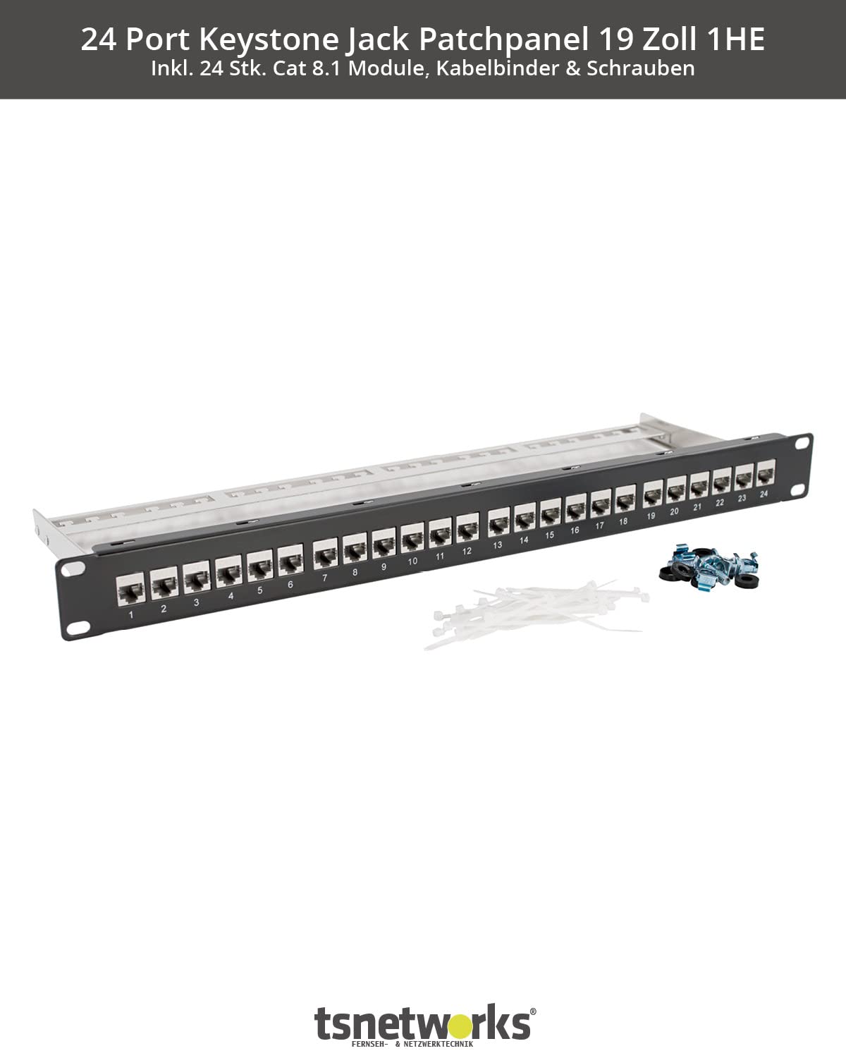 Panel de conexión de 24 puertos, 1U, 19 pulgadas, incluye 24 módulos Keystone Cat. 8.1, conector RJ45, 40 Gbits, STP totalmente apantallado, para cables AWG22-24, Cat. 7a, Cat. 6, Cat. 6,