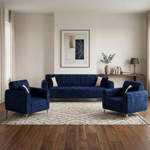 Image of Habibi Rich Velvet Suede 3+1+1 Seater Sofa Set | Spacious Soft Touch Comfort Seating | 5 Person Seating | Modern Living Room Sofa Set (Dark Blue)