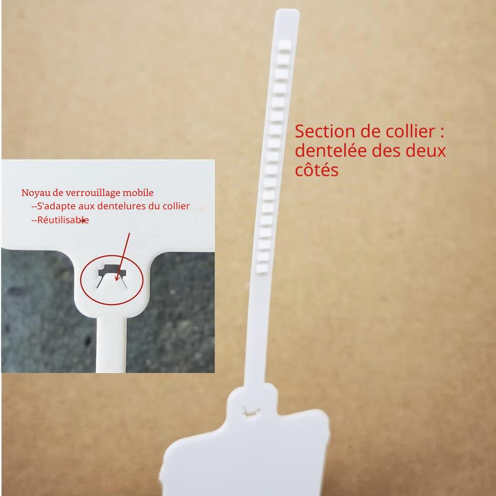 Lot de 100 étiquettes vierges réutilisables en plastique - 3,7 x 6,3 cm - Sangle d'étanchéité dentelée avec grande étiquette en plastique - Étanche - Pour écrire sur une étiquette (blanc, 100 pièces)