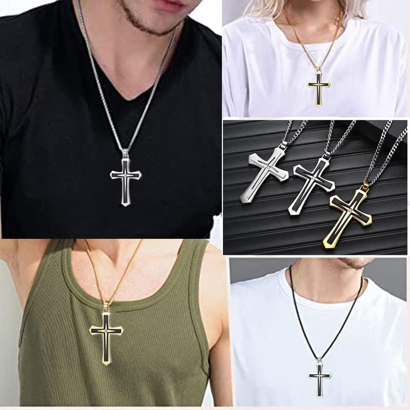 JO WISDOM Cross Necklace 316L Stainless Steel Titanium Steel Cross Crucifix Pendant Cross Black and Silver Religious Jewelry for Men and Women with Pearl Chain - Image 6