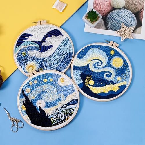 Image of KEKEMEOW 3 Sets Embroidery Kit for Beginners, Stitches with Starry Sky Patterns, Embroidery Stitch Practice kit for Adults Craft Lover, Needlepoint Hand Embroidery Kit with Pattern、Instruction、Hoop