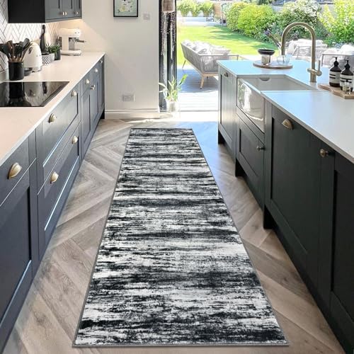 KOZYFLY Modern Abstract Washable Rug Runner 2.6x10 Hallway Rug Runner Non-Slip Soft Kitchen Runner Rugs, Black Navy Blue Grey Striped Carpet for Entryway Bathroom Laundry Room Foyer