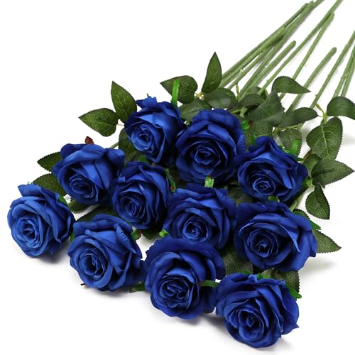 Tifuly Blue Fake Roses Artificial Flowers - 10 Pcs Fake Artificial Blue Roses Silk Flowers with Stems for Home Wedding Hotel Office Centerpiece Decor