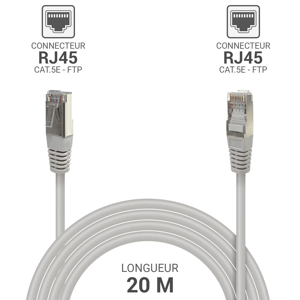 Waytex 32120 Câble Ethernet Réseau RJ45 Cat 5e FTP 100MHz Blindé - Compatible PC, Routeur, Modem, Switch Consoles de jeux, TV, amplificateur réseau – 20m, Gris