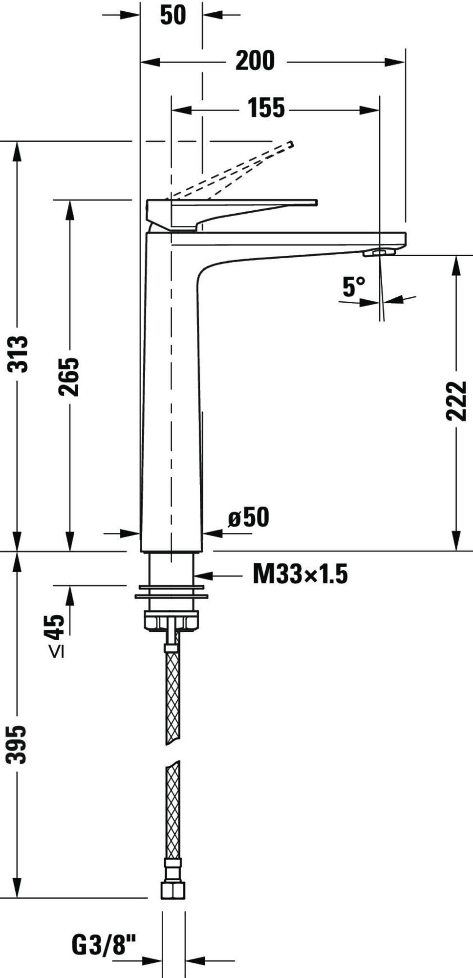 Duravit Tulum armatura umywalkowa, rozmiar XL (wysokość wylewki 222 mm), kran łazienkowy, armatura umywalkowa, czarna matowa