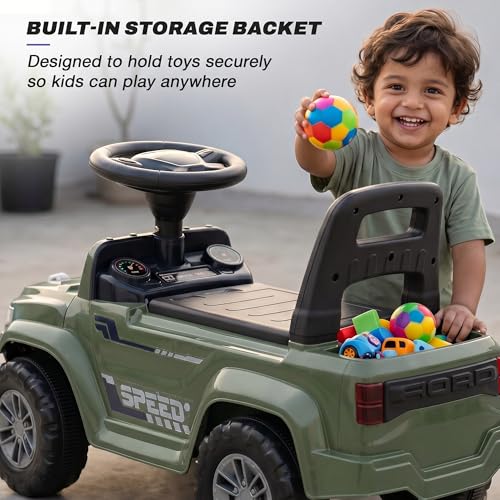 Image of Baybee Speedy Baby Ride on Car for Kids | Portable Kids Car with LED Lights, Music & Storage Basket | Push Toy Cars with High Backrest | Toddler Rideons Jeep for 1 to 3 Years Boys Girls (Dark Green)