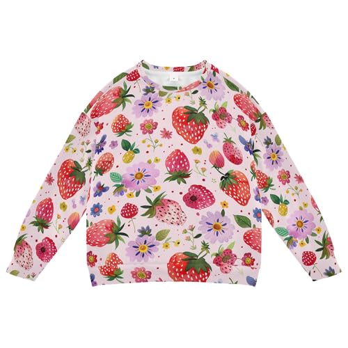 JUNZAN Cute Strawberries and Colorful Flowers Kids Boys Hooded Sweatshirt Long Sleeve Sweatshirt With Hoodie Camping 4T