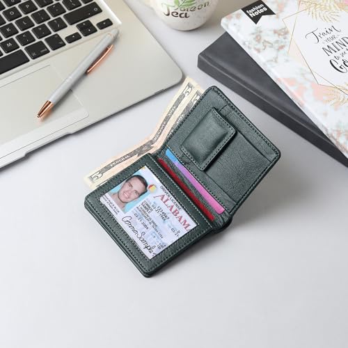 Image of VEMILIO Vegan Leather Wallet for Men & Women | 6 Card Slots | ID Window | Coin Pocket | 2 Hidden & 2 Currency Compartments | Durable Slim Bifold Purse (Green)