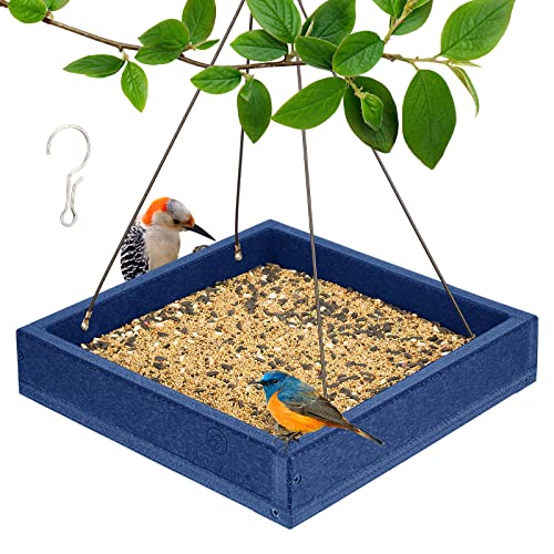 Kingsyard Platform Mealworm Bird Feeder for Outside, Recycled Plastic Hanging Tray Bird Feeders with Large Capacity 3.5 lbs, Premium Quality & Durable, Great for Attracting Wild Birds, Blue
