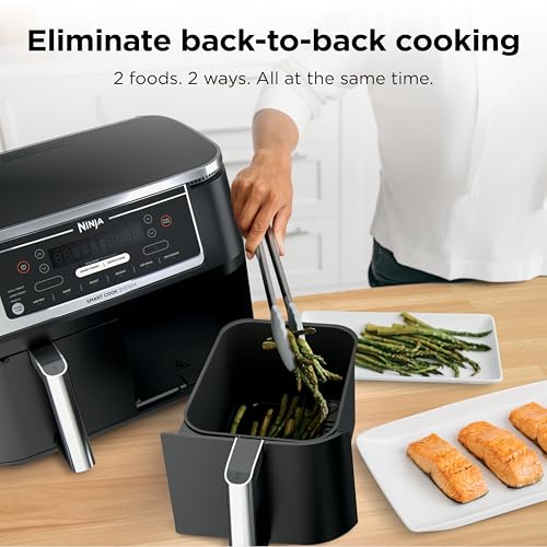 Ninja DZ550 Foodi 10 Quart 6-in-1 DualZone Smart XL Air Fryer with 2 Independent Baskets, Smart Cook Thermometer for Perfect Doneness, Match Cook & Smart Finish to Roast, Dehydrate & More, Grey