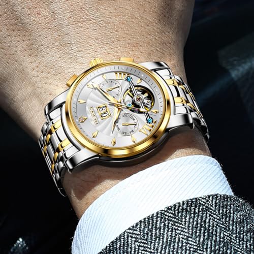 Image of OLEVS Watches for Men Automatic Skeleton 5 Hands Mechanical Luxury Watch Classic Calendar Stainless Steel Waterproof Mens Wrist Watch