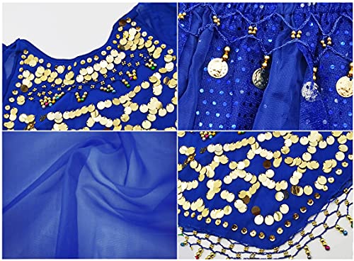 Miniatura 4 de Carnavalife 3pcs Mujeres Danza Del Vientre, Ropa India Lentejuelas Para Disfraz De Princesa, Conjunto De Bailando Top Pantalones De Linterna Y Cadena De La Cabeza Barbijo Azul