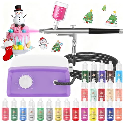 Cake Decorating Kit with 24 Food Coloring, 2025 Upgraded Cookie Decorating Kit with Suction Cups, Dual Action Stepless Speed Airbrush Decorating Kit with Compressor, Food Airbrush Set for Cake, Dessert