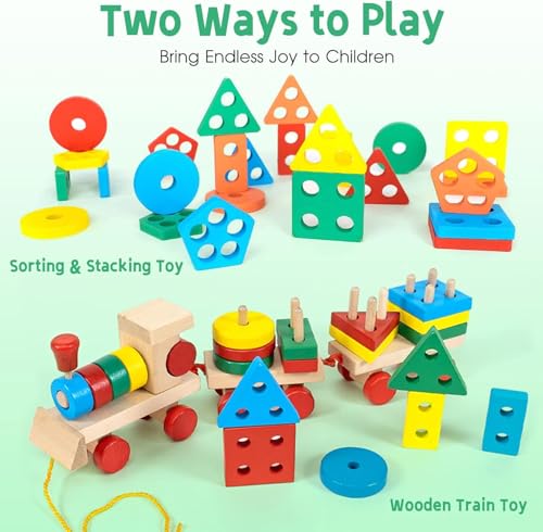Image of SHINETOY Wooden Railway Train Toddler Toy, Rail Wooden Blocks for 1-3 Year Old Boys Girls, Montessori Sorting Stacking, Preschool Educational Toy for Kids