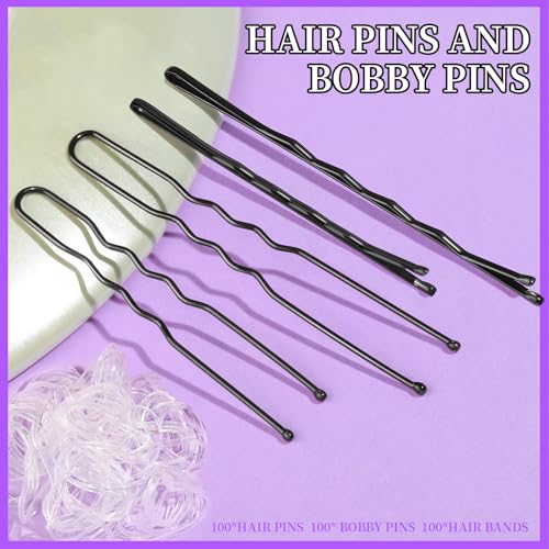 Teenitor 300pcs Hair Pins Bobby Pins Black, 100 Black Bobby Pins 100 Hair Pins for Women and 100 Clear Hair Bands Kit, U Pins for Buns 2" 2.36" and Bobby Pins 2" 2.75" - Image 3