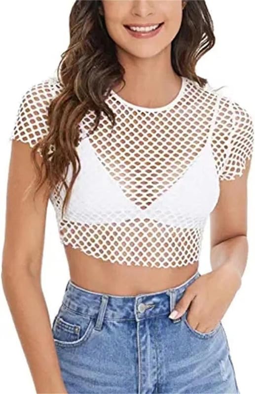 keephen Camiseta Corta de Rejilla para Mujer Top Corto de Malla Transparente Blusa Transparente Camiseta Transparente