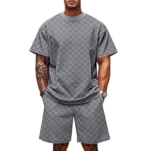 TAFLE Mens Short Sets 2 Piece Outfits Summer Casual Geometric Texture Short Sleeve Shirt and Shorts Track Suits for Men Set