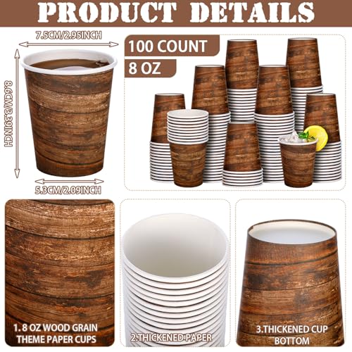 Umigy 100 Pcs 8 oz Western Cups Brown Paper Cups Bulk Farmhouse Wood Grain - image 2