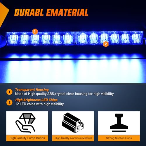Image of Nilight 12LED Traffic Advisor Strobe Light Bar Blue Hazard Safety | Emergency Warning Dash Front /Rear Windshield Flashing Lights for Cars Trucks Police Firefighter Plow Construction Vehicles