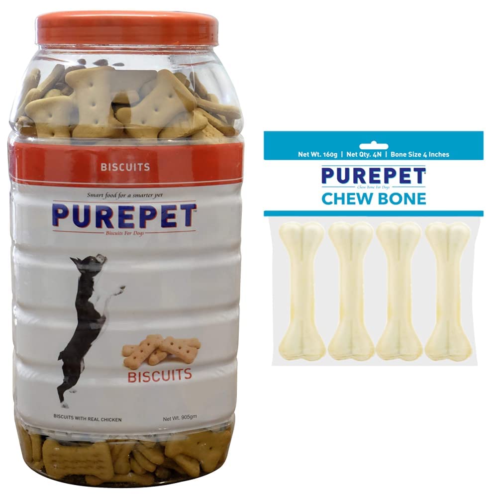 Purepet Chicken Flavour, Real Chicken Biscuit, Dog Treats for All Life Stages- Jar, 905g&Purepet Pressed Chew Bones, Dog Treats, 4 inches - Pack of 4 Bones