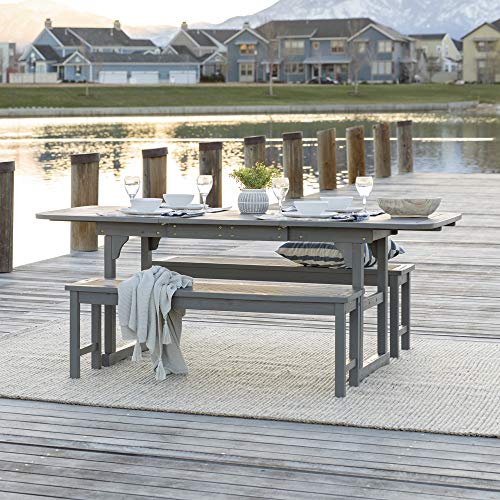 Walker Edison 6-8 Person Outdoor Wood Chevron Patio Furniture Dining Set Extendable Table Bench All Weather Backyard Conversation Garden Poolside Balcony, 3 Piece, Grey #TOP2